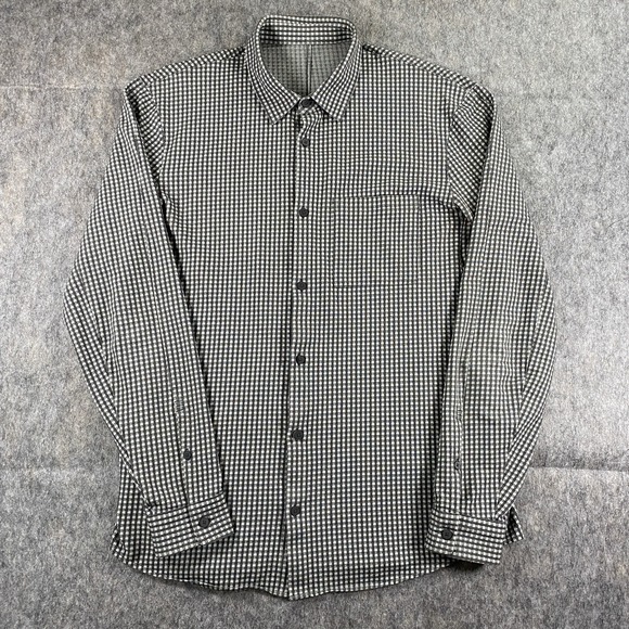 Lululemon Button Up Shirt Mens Medium Large Long SleeveGingham Plaid White Black - Picture 1 of 14